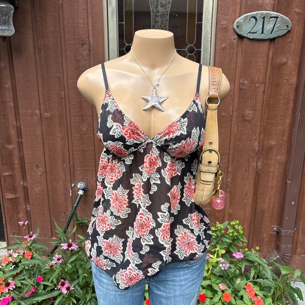 y2k 2000s black red floral tie front babydoll top